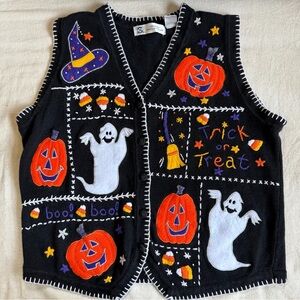 Vintage Halloween Sweater Vest Studio Collection Large Embroidered Ghost Pumpkin
